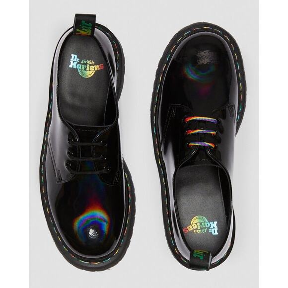 Dr. Martens 1461 Quad Rainbow Patent Platform Shoes black size 7 ladies 6 Men - Picture 2 of 16